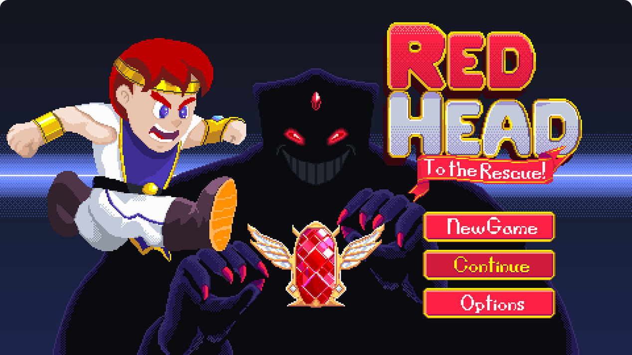 Pixel art illustration from the title screen, with the main character jumping over the evil final boss and the lost jewel